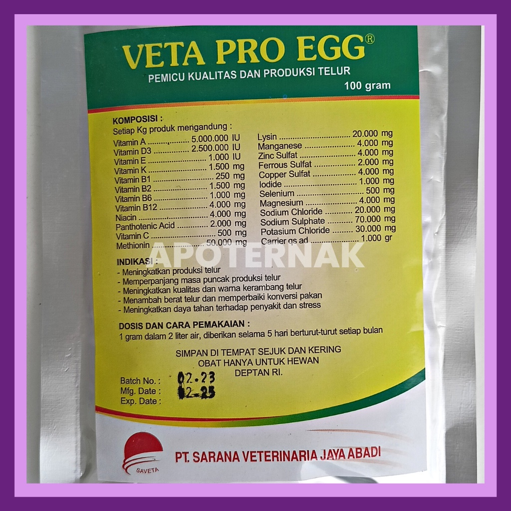 VETA PRO EGG 100 gr | Vitamin Pemacu Produksi dan Kualitas Telur Ayam Bebek Puyuh | Vitamin Ayam Petelur | Vitamin Bebek Petelur | Vitamin Puyuh Petelur