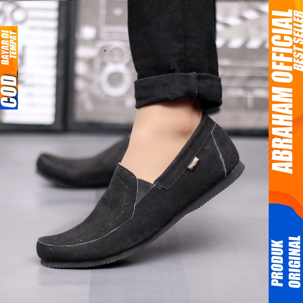 ABRAHAM Sepatu Casual Slip On Kulit Asli Hitam Kerja Slop Pria