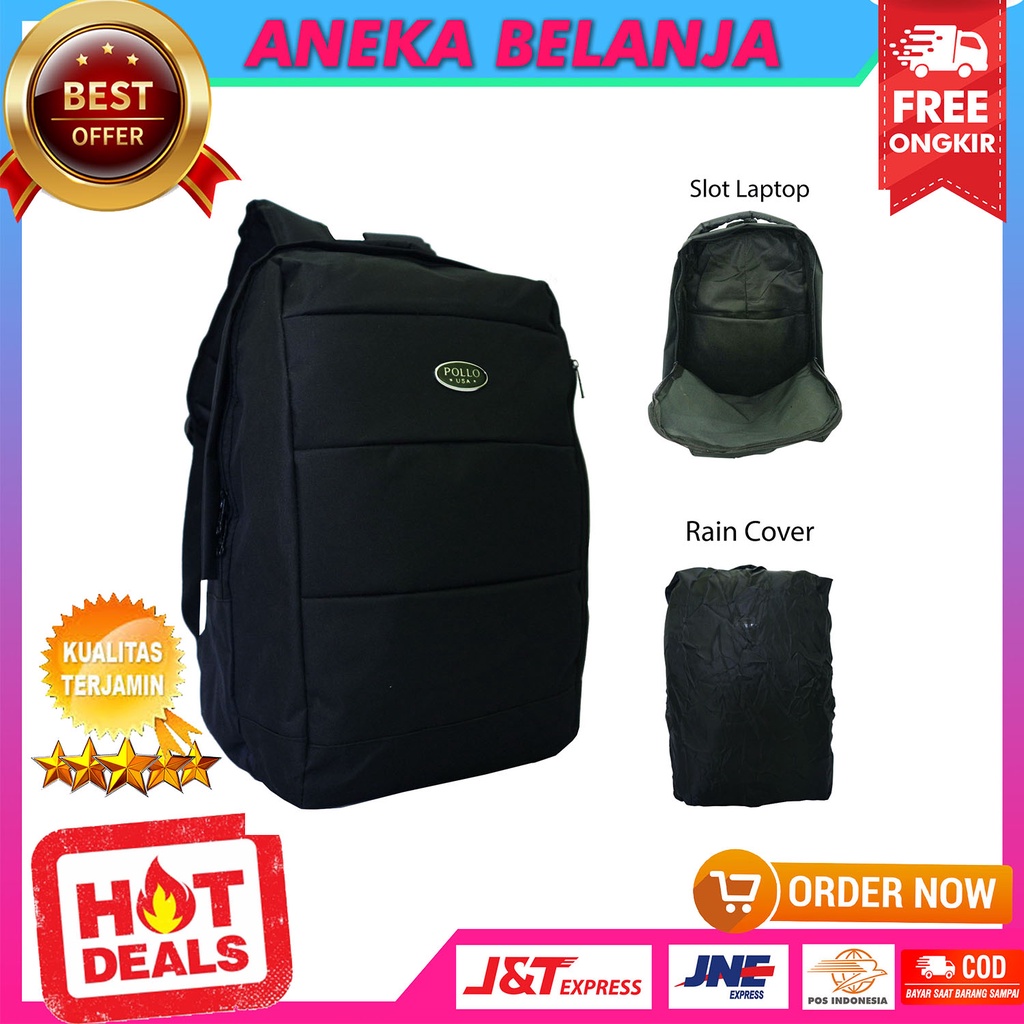 Tas Ransel Polo Pria Warna Hitam SMA Kuliah Kerja Backpack Cowok Travelling Hiking Free Raincover + Slot Laptop Bahan Awet Tebal Halus Harga Terlaris Termurah Terjangkau