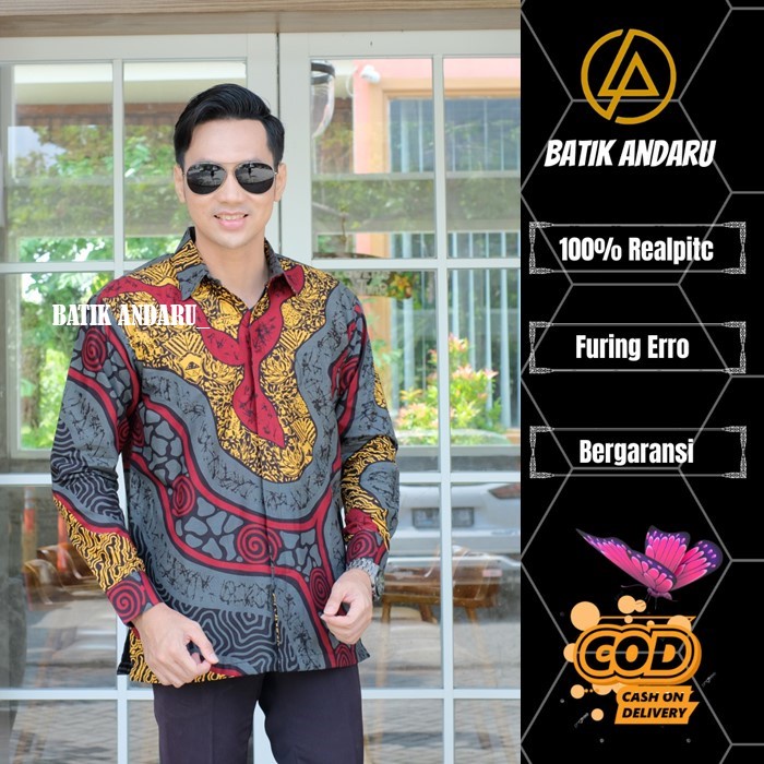 Baju Kemaja Batik Pria Lengan Panjang Modern Elegant Heem Premium Bahan Katun Primisima Warna Abu Abu