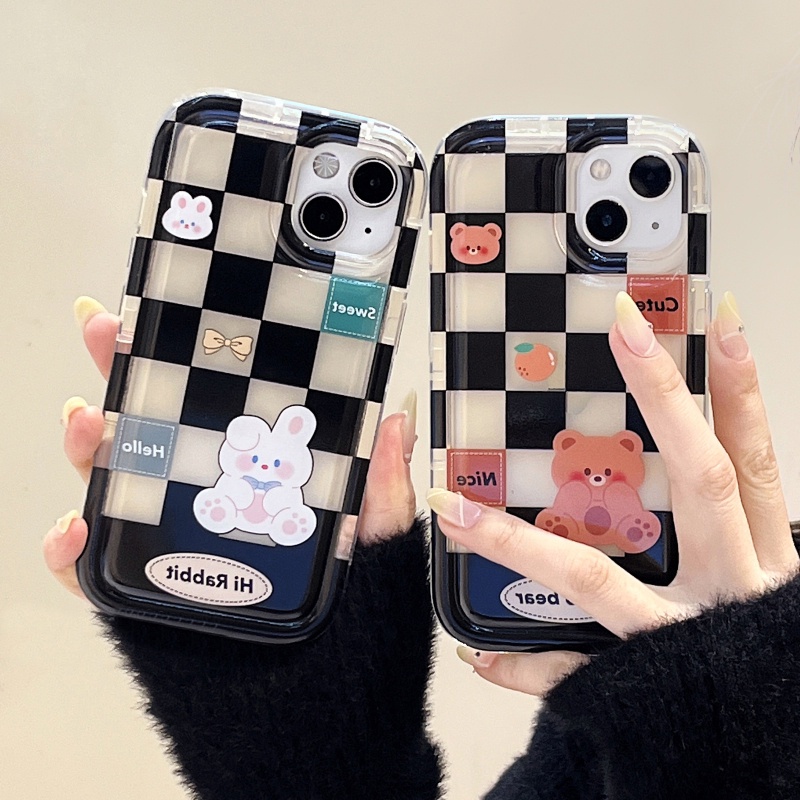 IPHONE Casing Kelinci Beruang Lucu Kompatibel Untuk Iphone11 13 14 12 Pro MAX 7plus 7 8 6 6S Plus XR X XS MAX Couple Case Kotak-Kotak Shockproof Airbag Soft TPU Lovers Phone Case