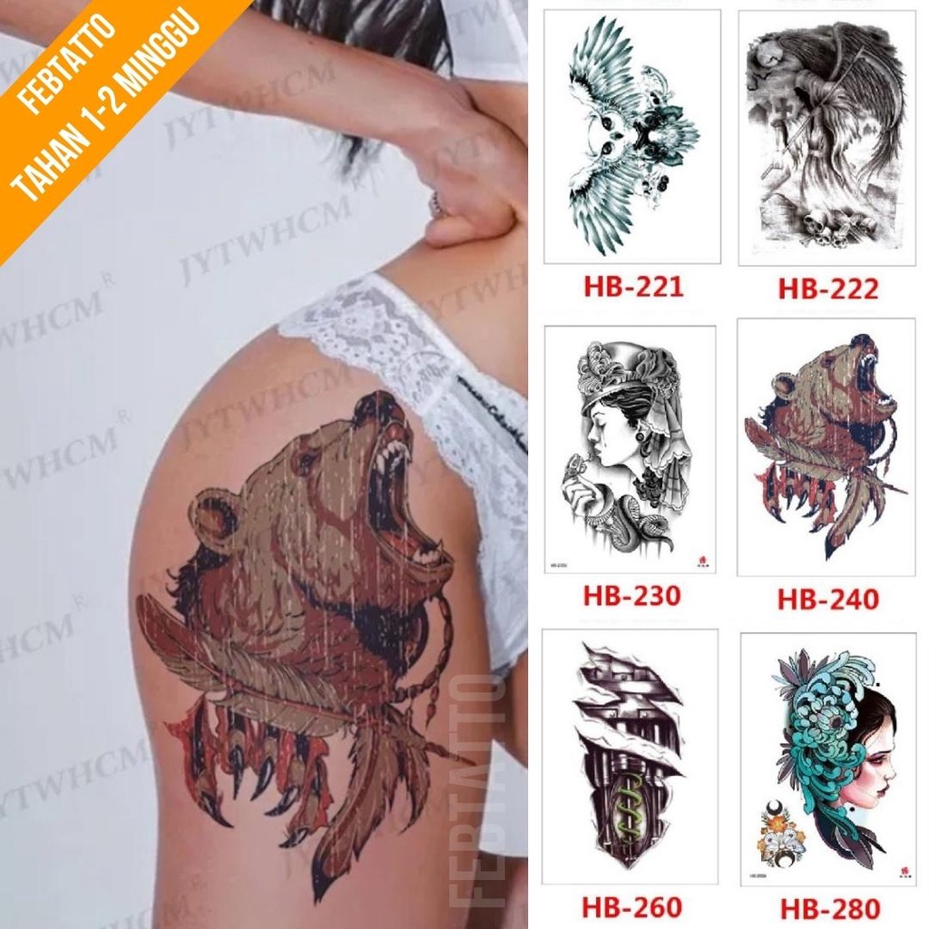 Tato Temporer Ukuran 21cmx15cm Motif Aesthetic Tatto Temporary Stiker Tato Halal Grosir Tato air motif burung hantu, malaikat, wanita, serigala ,perempuan, tribal robot HB 240