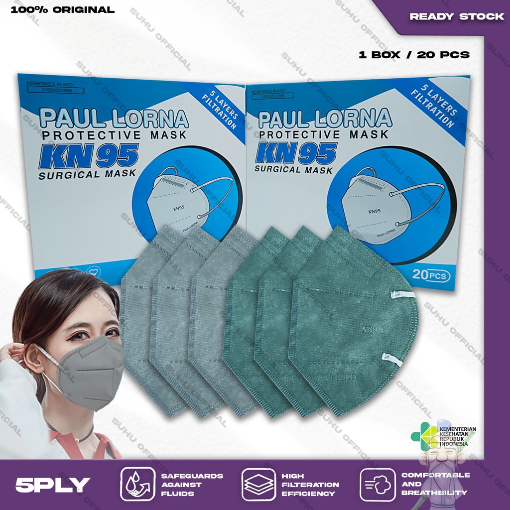 Masker KN95 PAUL LORNA 5Ply Isi 20Pcs Putih Hitam Abu Warna KN 95 5 Ply Surgical Mask Kemenkes