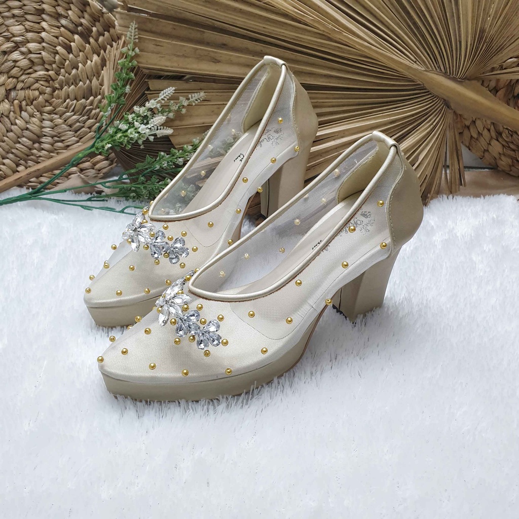 Sepatu wedding pesta Cantik mingka gold 9cm tahu