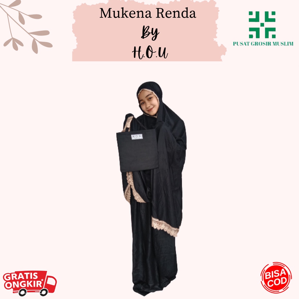 Mukena Renda Dewasa H.O.U Free Tas Mukenah Jumbo Bahan Katun Premium Bahan Adem