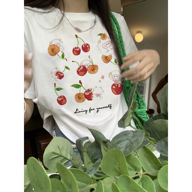 EUNII T-shirt Lengan Pendek Cartoon Cherry Girl Korean Style/Kaos Atasan Wanita/Baju Kaus Oversize Wanita/Kaos Wanita
