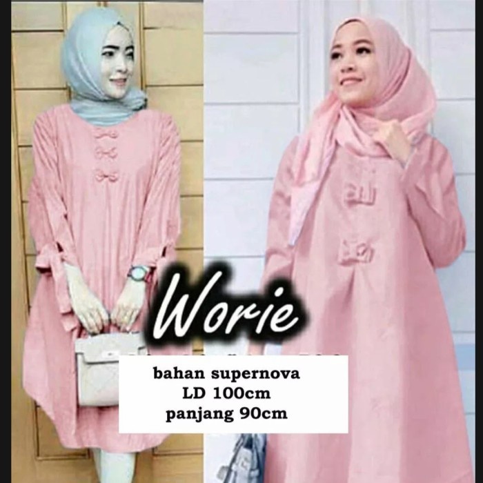 Kemeja Tunik Pakaian Muslim Worie Longtop Merah Salem, XL C3A9 Loose Kekinian Premium Bisa Cod Motif
