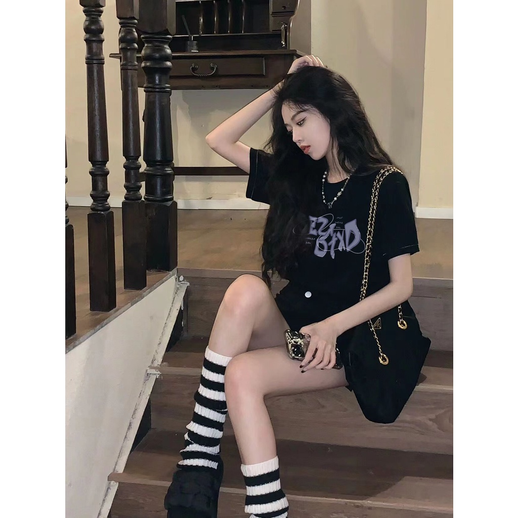 EUNII T-shirt Lengan Pendek Retro English Korean Style/Kaos Atasan Wanita/Baju Kaus Oversize Wanita/Kaos Wanita