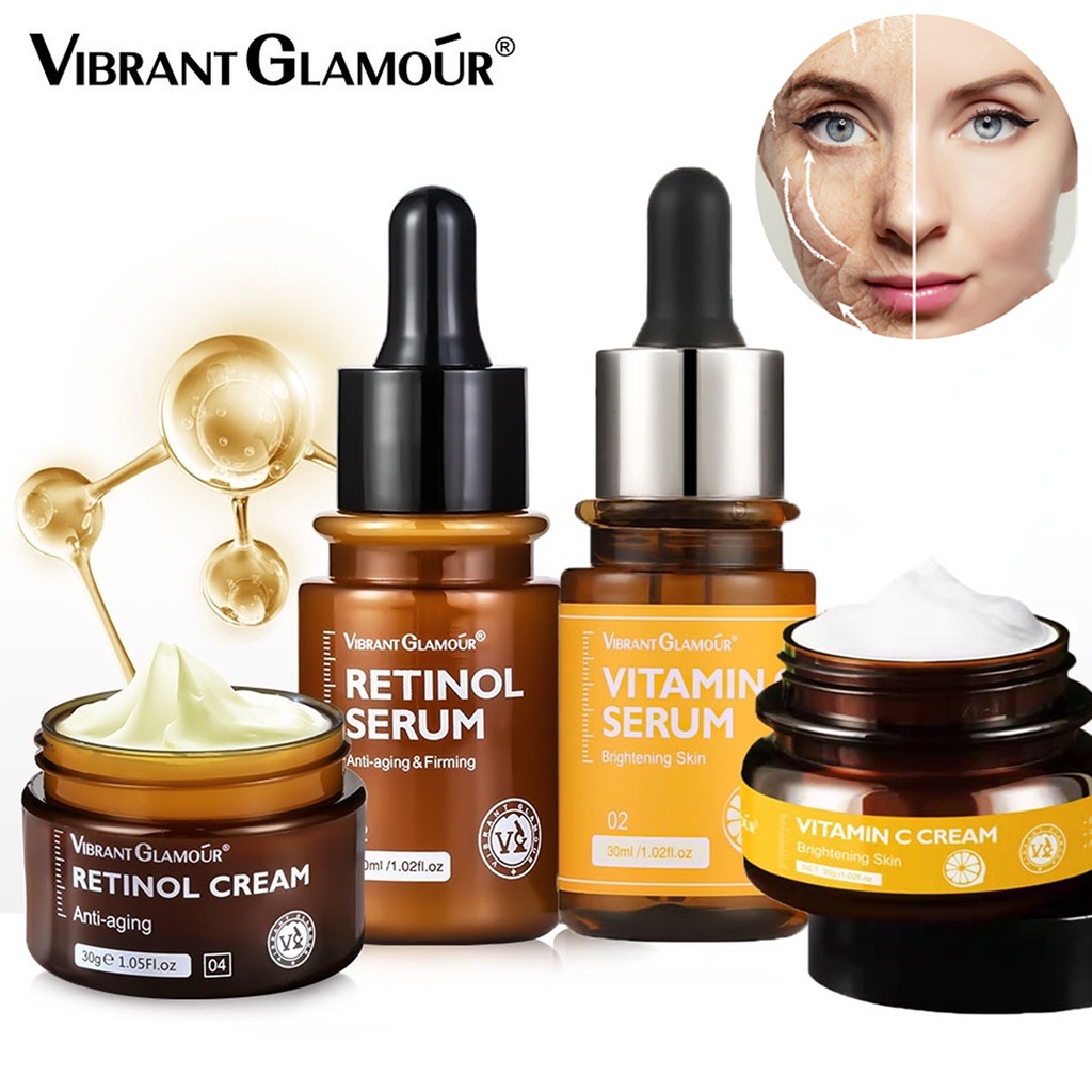 Vibrant Glamour Retinol Cream Wajah Anti Penuaan Night Cream Pelembab Wajah 30g Vit C Cream Pemuith Wajah Day Cream Skincare Set