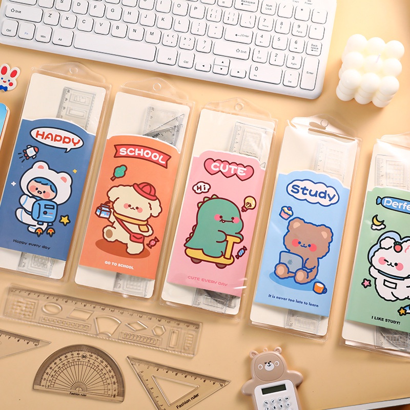 [COD] PENGGARIS PLASTIK MIKA SET 4 IN 1 CUTE IMPORT PENGGARIS PANJANG BUSUR SEGITIGA RULLER SET