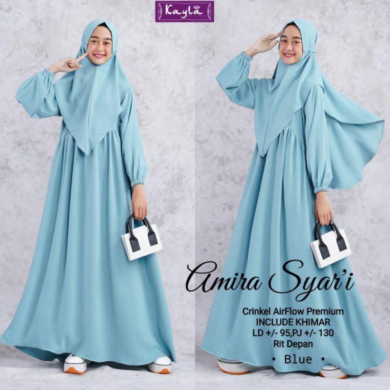 Amira Syari Kids Sage Gamis Anak Perempuan (FREE HIJAB) Usia 11-14 Tahun Crinkle AirFlow