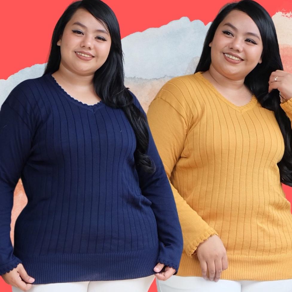 SWEATER JUMBO BSIZE RAJUT POLOS LENGAN PANJANG WANITA BAJUBUNDA PALING DIMINATI