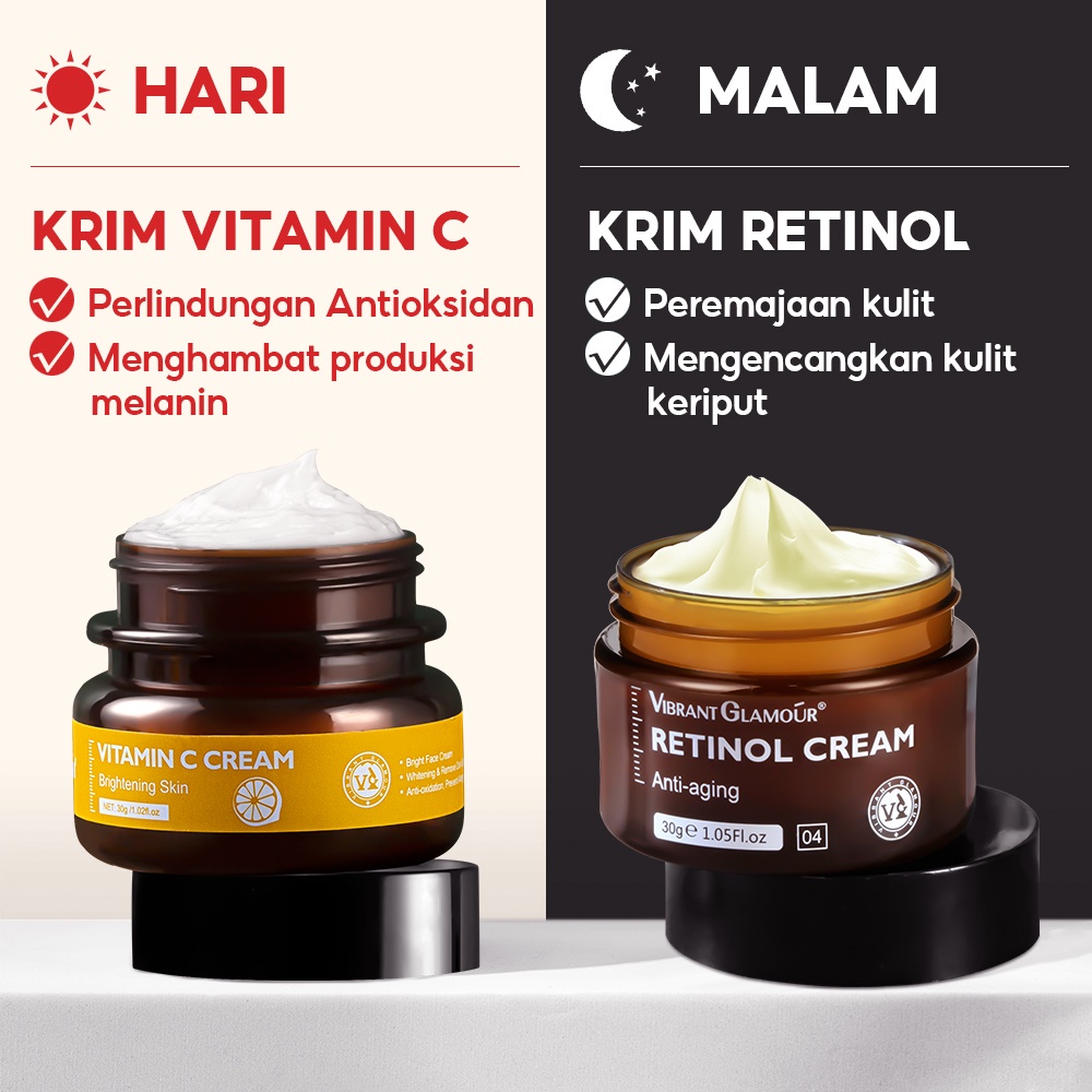 VIBRANT GLAMOUR Retinol Cream+Vitamin C Cream Untuk Memutihkan dan mencerahkan Kulit,Retinol Cream Untuk Menghilangkan Kerutan dan Flek Hitam Jerawat Krim Wajah - Krim Pelembab Siang dan Malam 30g