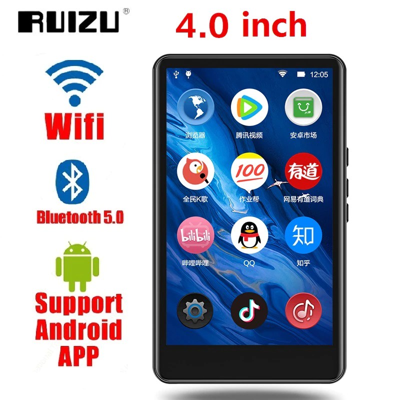 Android MP3 Player WiFi Bluetooth Touchscreen 4 Inch 1GB 16GB Hitam H6 Ruizu