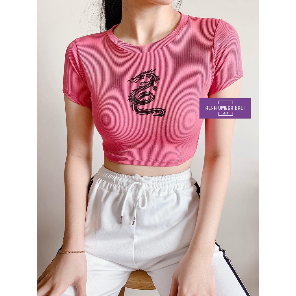 DRAGON CROP TOP - KAOS WANITA Bahan Knit No 1 Tebal Tidak Panas Fit XL 57kg