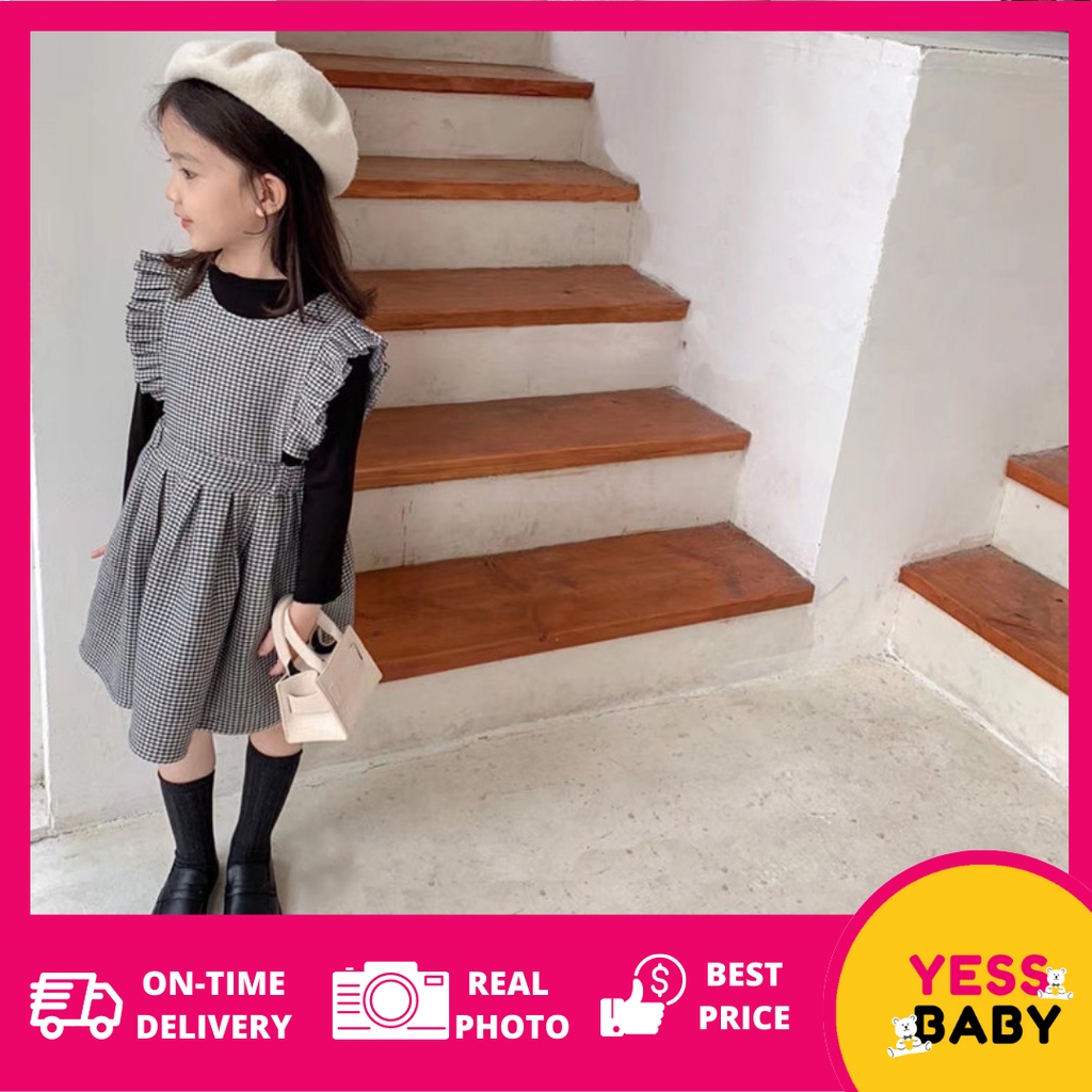 YESSBABY 0-7tahun SEO JISOO Dress anak perempuan/Gaun bayi/Rok anak/Dress pesta lucu untuk anak/bayi cewek motif kotak kaos gaun pesta anak perempuan import black white