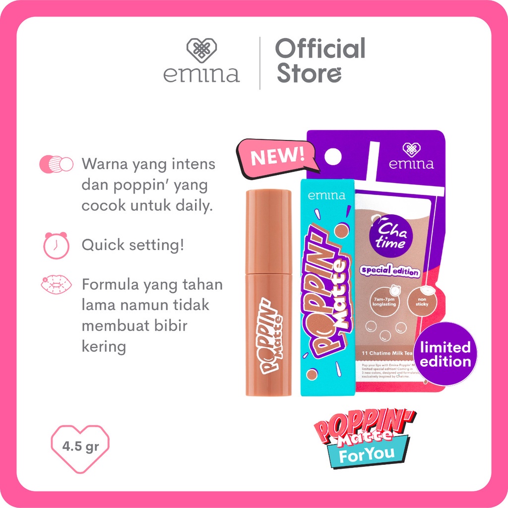 Emina Poppin' Matte x Chatime Edition 4.5 g - Lip Matte Transferproof, Long-Lasting