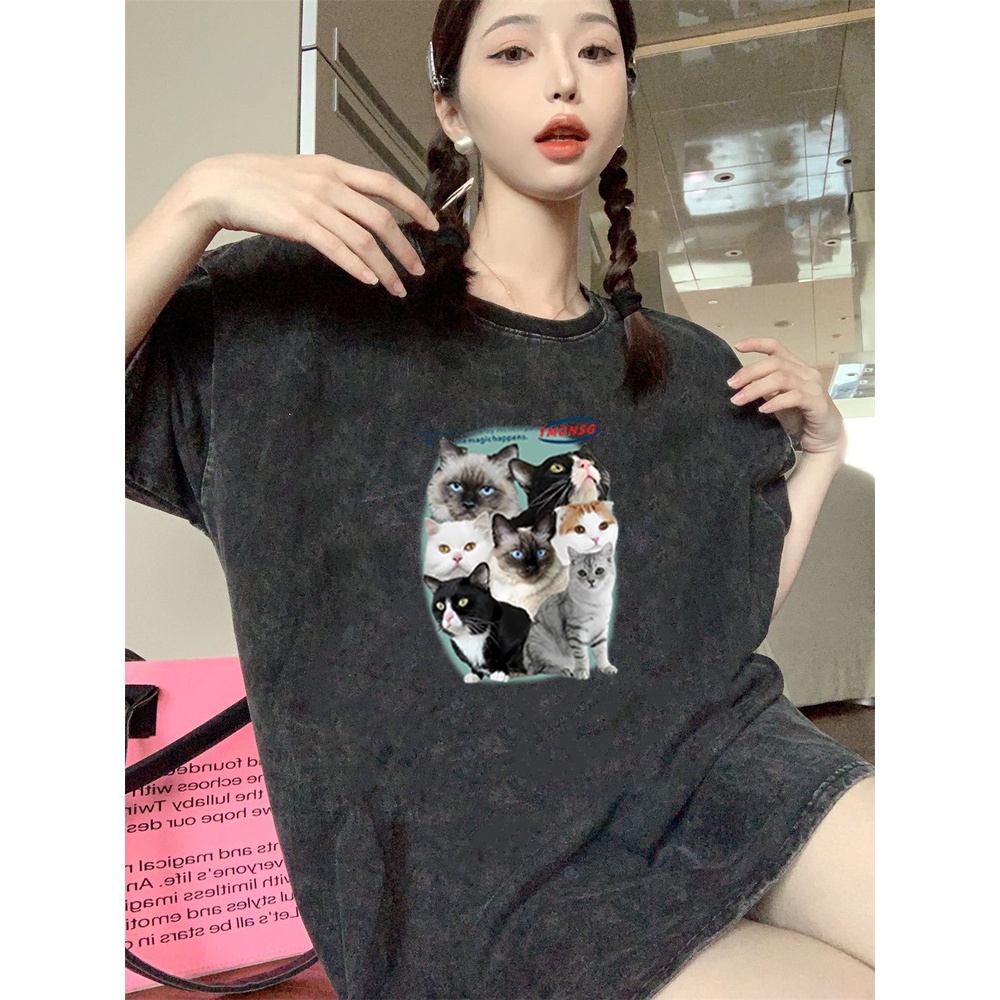 XIAOZHAINV Korean Style Cat Pattern Washed Printing Kaos Wanita A0083