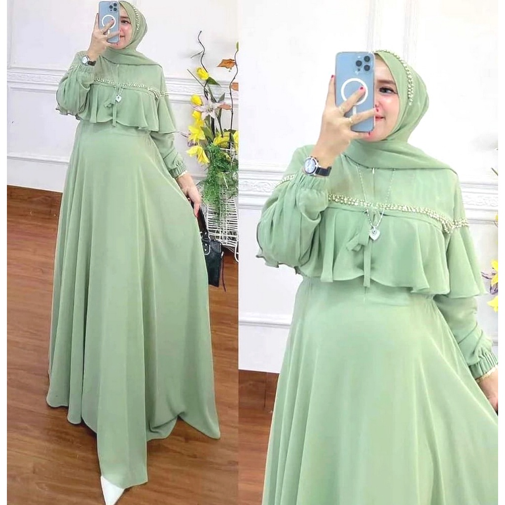Gamis Dress Ibu Emak Jumbo Warna Hijau Mint Muda Payet Mewah Modis Cantik Elegan Kekinian Terbaru 4X