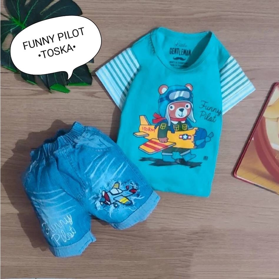 Setelan Baju Bayi Laki-laki 3-12 Bulan Kaos dan Celana Jeans Motif Funny Pilot
