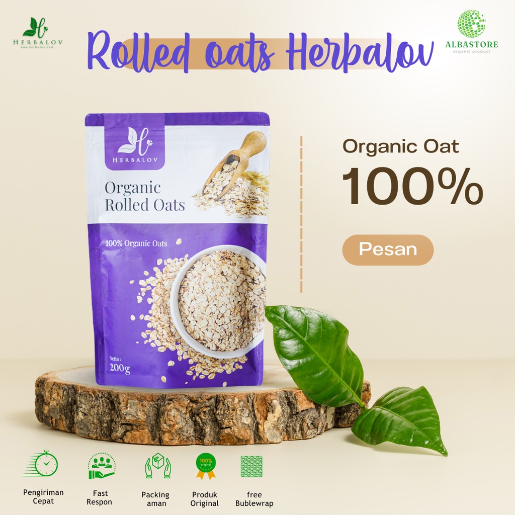 

Premium 100% Organic Rolled Oats Herbalov 200gr Bubur oatmeal Overnight Oats