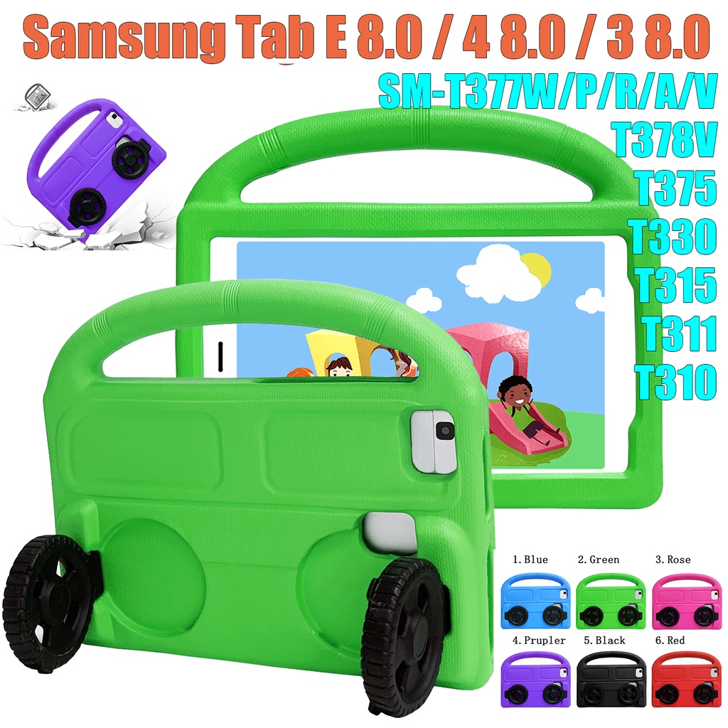 Untuk Samsung Galaxy Tab E 4 3 8.0 SM-T311 SM-T310 SM-T315 SM-T330 SM-T375 SM-T378V SM-T377 SM-T377W/P/R/A/V Fashion Anak Tablet Pelindung Case Portable Roda Stand Shockproof Cover