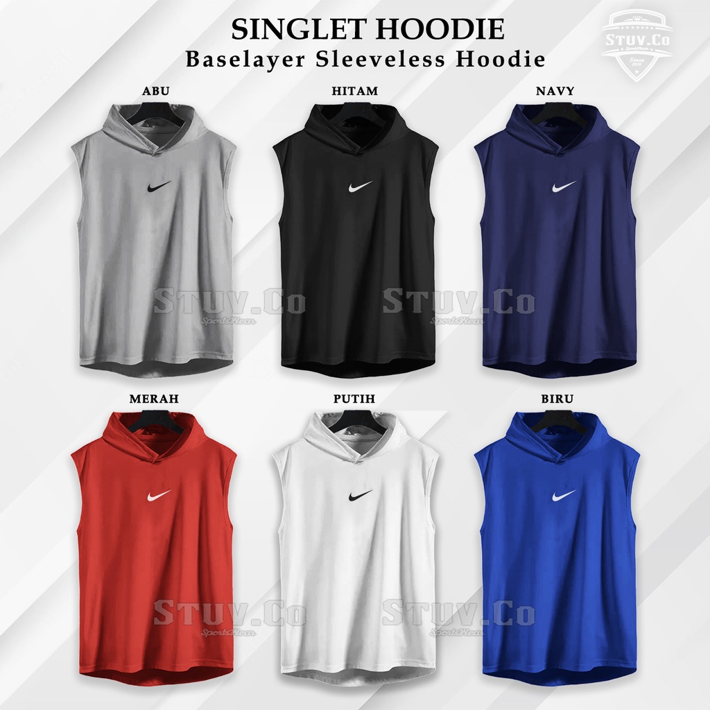 Manset Hoodie Pria Sleeveless Baselayer Singlet Kupluk Olahraga Gym Fitness Futsal Jogging