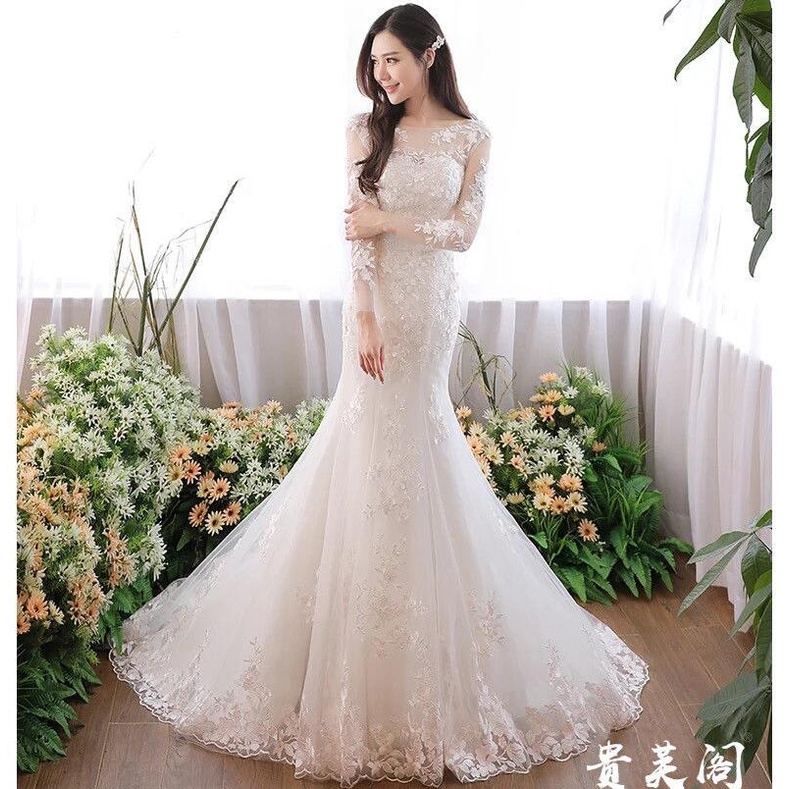 White Lace Long Sleeve Slim Fit Mermaid Long Tail Bridal Dresses Fishtail Wedding Dresses