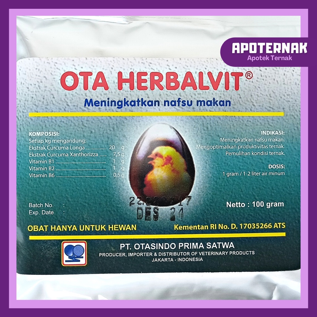 OTA HERBALVIT 100 gr | Penambah Nafsu Makan &amp; Metabolisme Tubuh Unggas | Vitamin B, Kunyit, &amp; Curcuma Temulawak