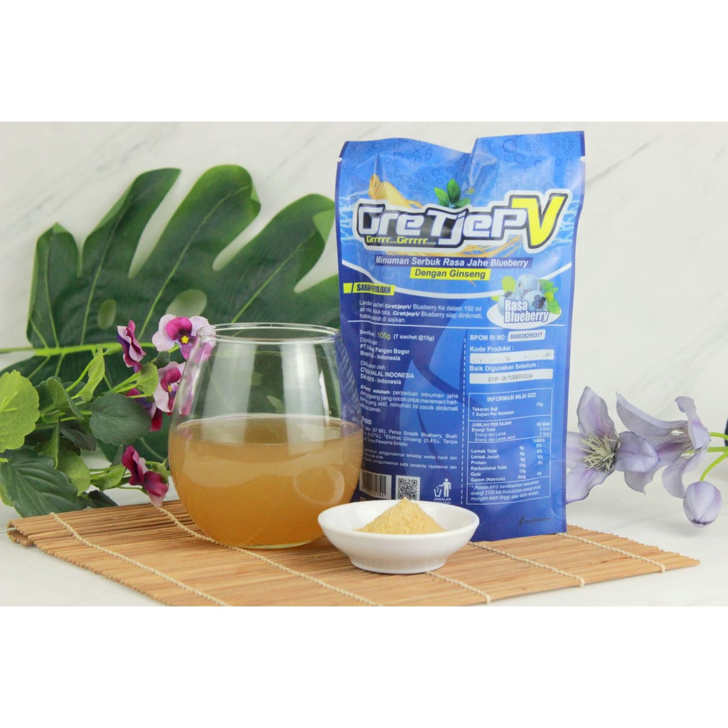 

GretjepV Minuman Serbuk Jahe Rasa Blueberry Kemasan Pouch isi 7sct