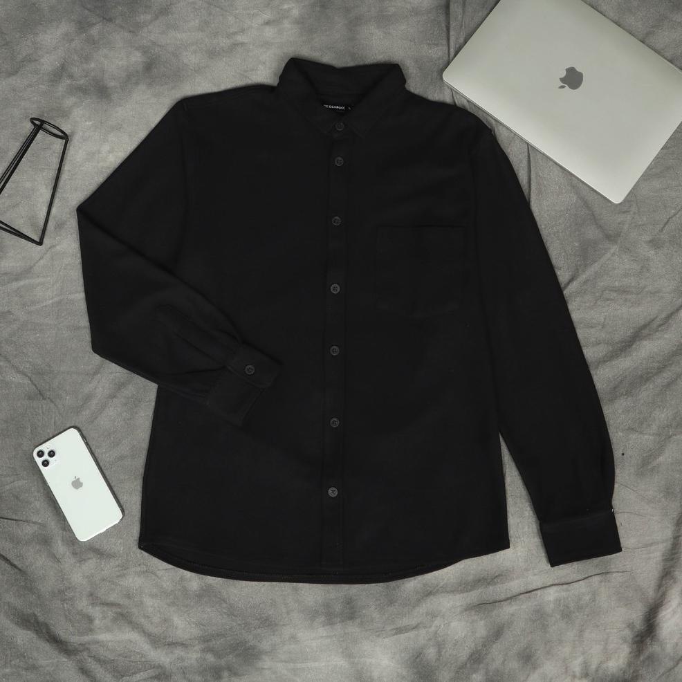 Dzargo Kemeja Polos Pria Lengan Panjang Pique Premium Hitam (baju dll) TERBARU