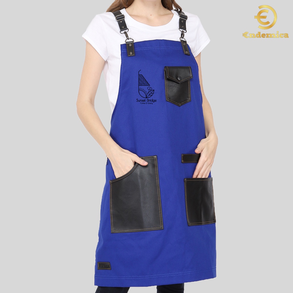 Full Apron Barista Celemek Cafe Apron Barbershop Celemek cukur rambut full cotton &amp; synthetic leather for barista/waiter etc Y strep