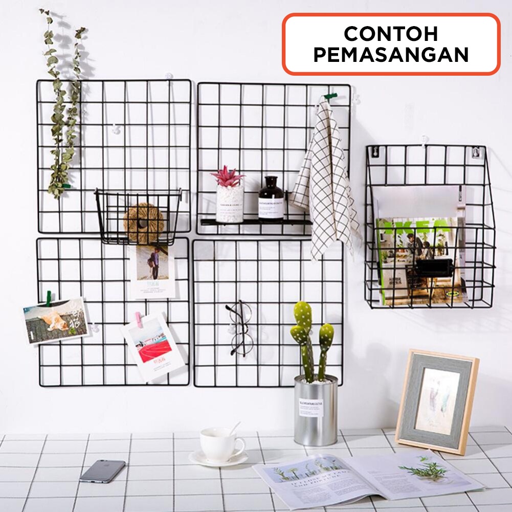 Hijang Segi 35 Hiasan Kerajang Besi Organizer / Rak Dinding Gantung Foto Frame Wire Grid Mesh Hijan Baru