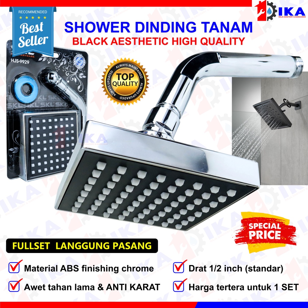 Homeneeds Kepala Shower Mandi Bentuk Kotak Hitam / Head Shower Wall Shower Rainfall Pipa Dan Kepala Shower Hujan Wall Shower Tanam Kotak Premium - 1/2 Inch