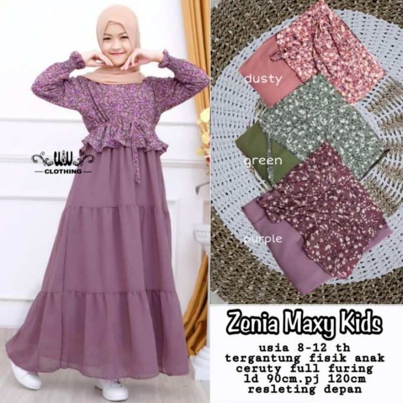 Dress Zenia Maxy Kids Dress Ceruty Cantik Dress Anak LD 90cm Usia 8-12th