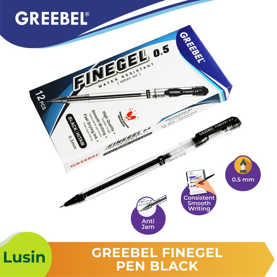 GREEBEL Pen Pulpen Bolpoin Ballpoint BALLPEN FINE GEL - BLACK 12 PCS/SET /Tidak mudah bocor utk perlengkapan office