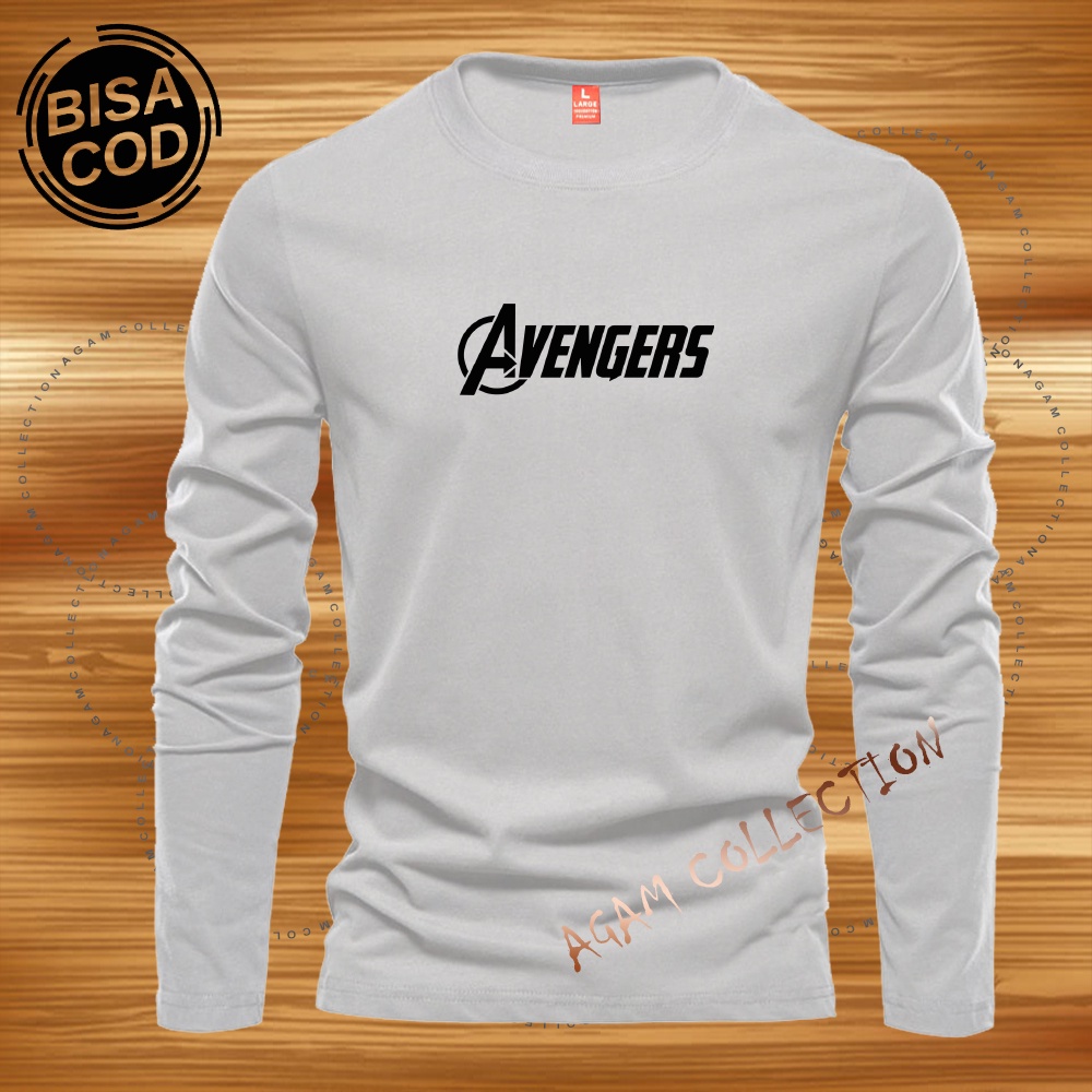 Agam Collection Baju Kaos Distro Avengers  Text Hitam Lengan Panjang Premium Quality Kaos Pria Keren Kaos Cewek/Cowok
