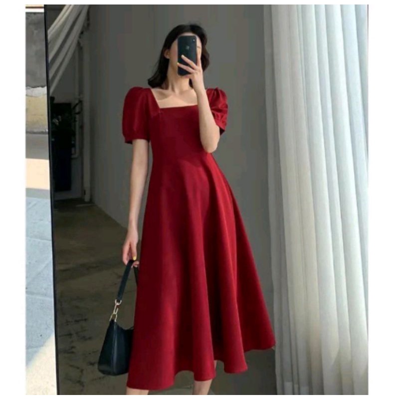 DRESS WANITA POLOS KOREA KEKINIAN MIDI Hitam Merah maron