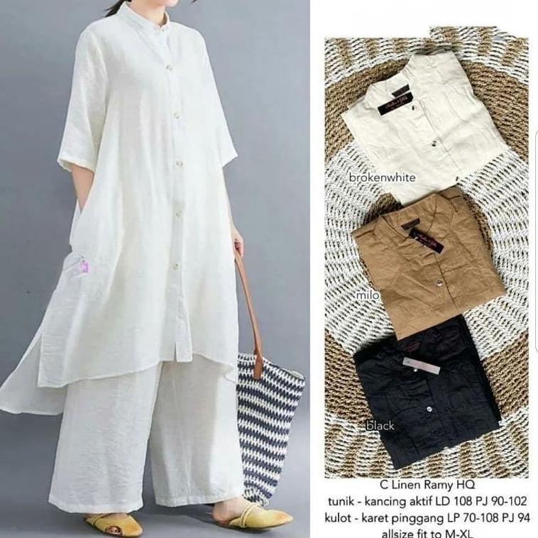 MURAH Setelan Muslim Wanita Terbaru / One Set Tunik+Kulot Bahan Katun Linen / OOTD Muslim Murah / Ti
