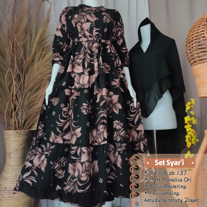 GAMIS WANITA SET HIJAB SYAR'I RAFLESIA PLAT CERUTY TERBARU - Hitam, All Size Y4F8