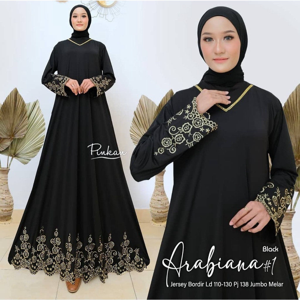 Gamis Muslim Jumbo Jersey Motif Bordir xxxl Ld 130cm Arabiana #1 Turkey Maxy Turqi Abaya Gamis Lebaran Remaja Muslimah Terbaru Seragaman Pengajian Murah Dress Wanita Muslimah Syar'i Gamis Polos Tebal Premium Warna Hitam