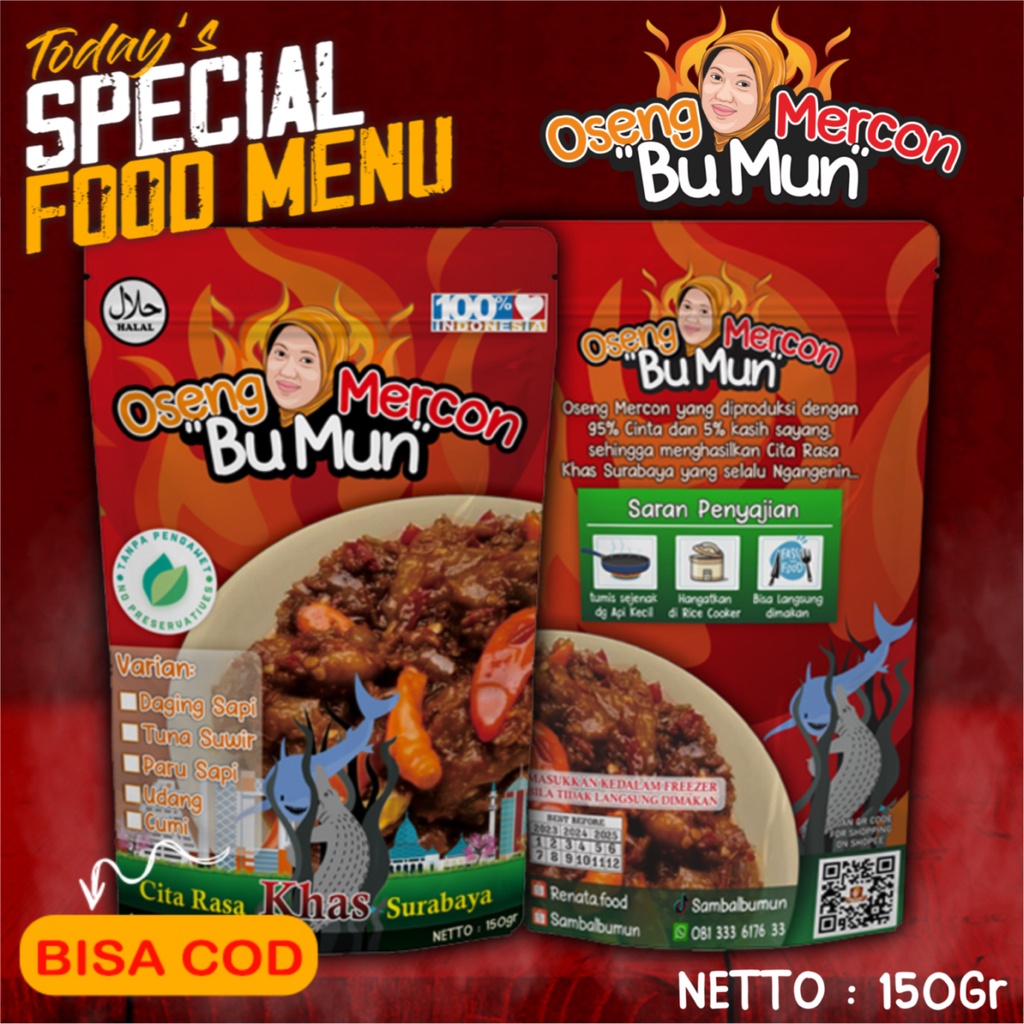 

OSENG MERCON BU MUN/cumi/paru/daging/tuna/udang/ 150GR