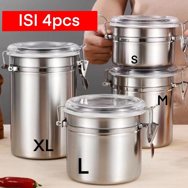 Toples Kedap Udara 1 Set Isi 4 Stainless Steel / Tempat Gula Kopi Bumbu Dapur 4inch/5inch / Toples Makanan