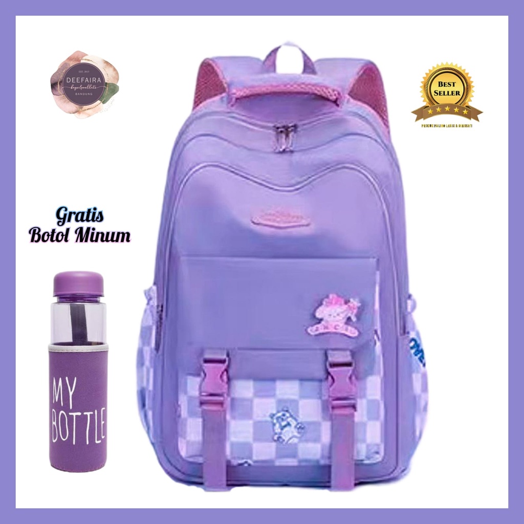 Tas Ransel Sekolah Anak Perempuan Motif Catur3 Gratis Botol Minum Untuk Sd Smp Sma