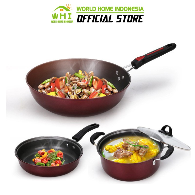 World Home Panci Teflon 1 Set 3 Pcs - Panci Teflon Set 3 Panci Set Anti Lengket Serbaguna TG-5