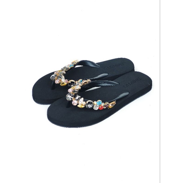 Ingvivi Swarovski Bulat Flat Sandal Jepit Wanita Karet Import Manik Berlian Motek