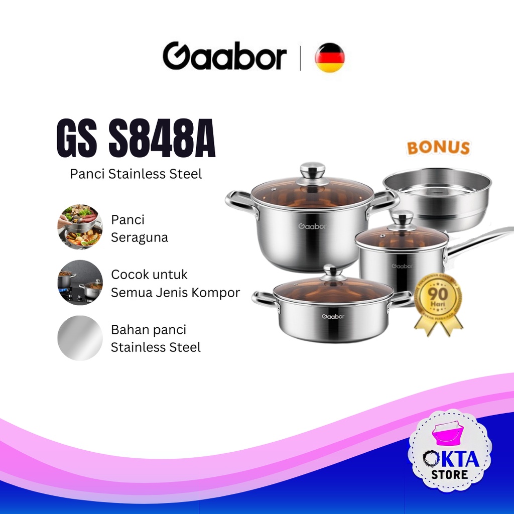 Gaabor Panci Set 3 Item Stainless Steel Panci Kukus Panci Sop Steamer Stock Pot / GS-S848A Panci Kompor Induksi