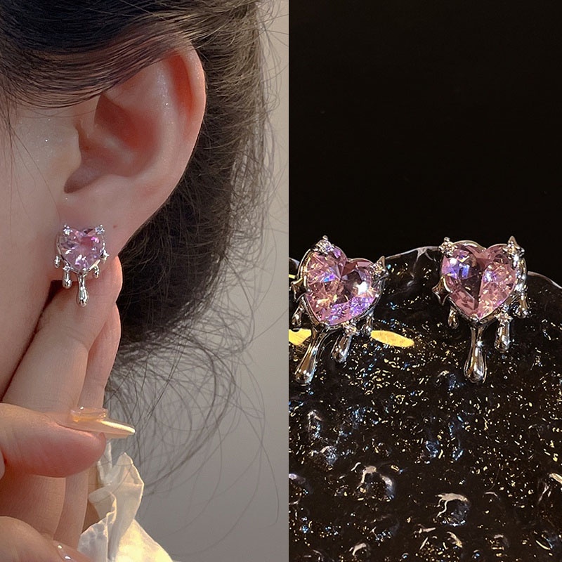 Anting Tusuk Gantung Warna Silver Hias Kuarsa Pink Untuk Wanita