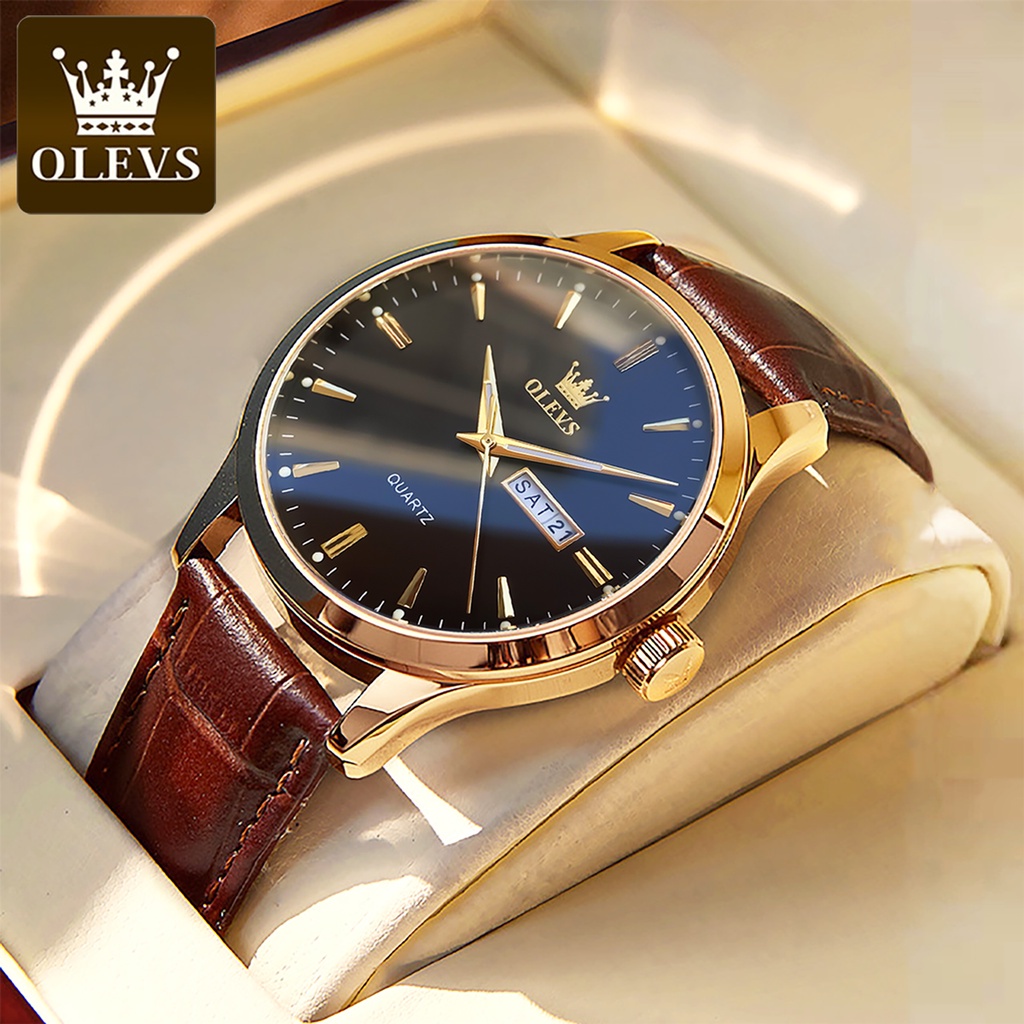 OLEVS Jam Tangan Pria Original Anti Air Tahan Kulit Tanggal Luminous Analog Men Watch Biru Hitam Putih Cod