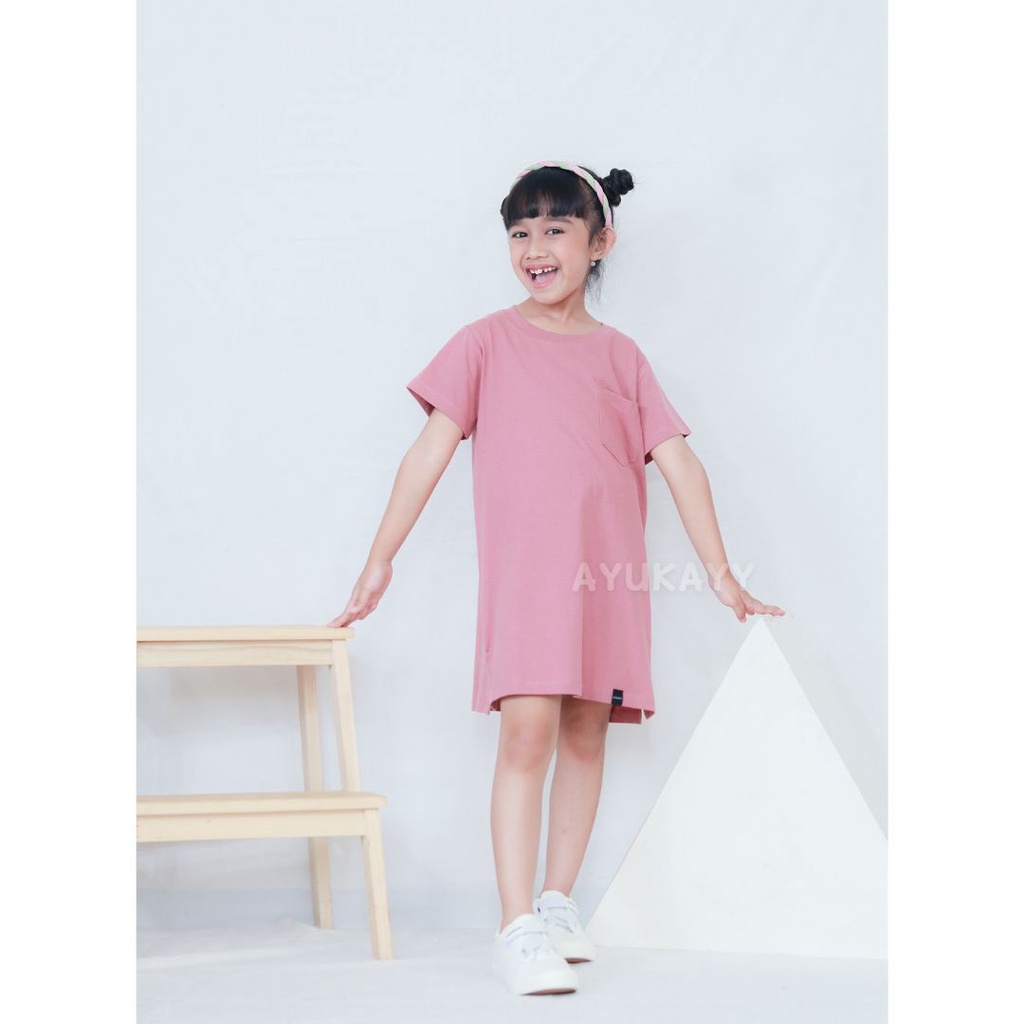 Kaos Anak Perempuan Dress Oversized Poket Polos Basic by Ayukayy Terlaris Usia 1 Sampai 9 Tahun Warna Dusty Pink